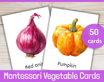 Vegetable Flash Cards for Preschoolers: Montessor, Printable Vocabulary Cards, 50 Veggie Flashcards PDF