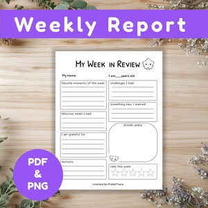 以下が含まれることがあります： 紫色の「Weekly Report」というタイトルの白黒印刷可能な週次レポートテンプレート。テンプレートには、お気に入りの瞬間、課題、落書きのセクションが含まれています。「PDF＆PNG」と書かれた紫色の円が左下にあります。