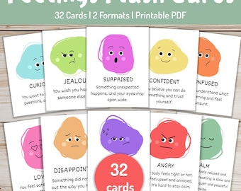 32 Feelings Flashcards, Emotions Cards, Calming Corner Behavior Management Resources, PDF Download