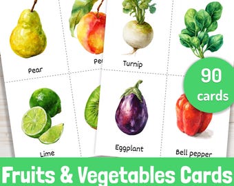 Fruit and Veggie Flashcards Bundle: 90 Cards, Preschool Kids, PDF Download, ESL Learners