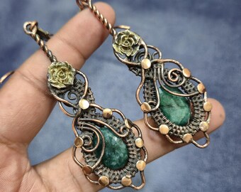 Handmade Copper Wire Wrapped Emerald Earrings, Gemstone Jewelry