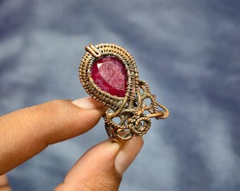 Faceted Ruby Ring Copper Wire Wrapped Ring Adjustable Gemstone Jewelry Elegant Gift For Christmas