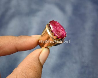 Gefacetteerde rode robijnring, puur koperen verstelbare band, handgemaakte sieraden