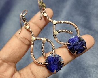 Handmade Copper Faceted Blue Sapphire Dangle Earrings, Boho Raw Gemstone Drop Earrings