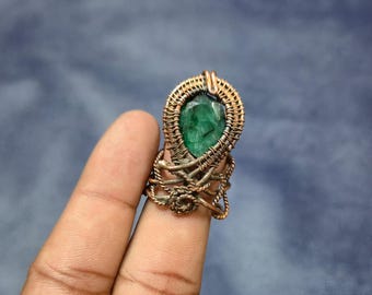 Handmade Emerald Copper Wire Wrapped Ring, Adjustable Gemstone Jewelry