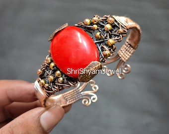 Red Coral Copper Cuff Bangle, Handmade Wire Wrapped Adjustable Bracelet