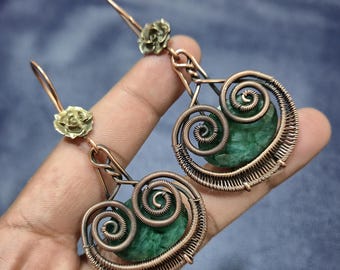 Handmade Emerald Copper Wire Wrapped Earrings, Gemstone Jewelry