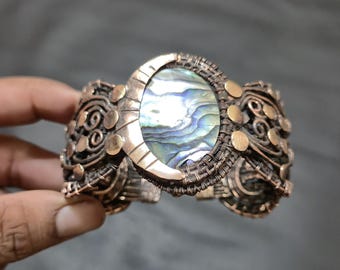 Handmade Copper Abalone Bangle, Wire Wrapped Gemstone Cuff Bracelet
