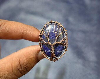 Baum des Lebens Lapis Lazuli Kupfer Draht gewickelt Ring, handgemachte einstellbare natürliche Edelstein Schmuck