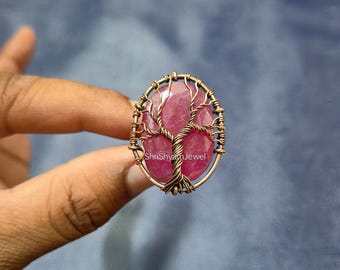 Tree of Life Red Ruby Ring, Handmade Copper Wire Wrapped Adjustable Jewelry