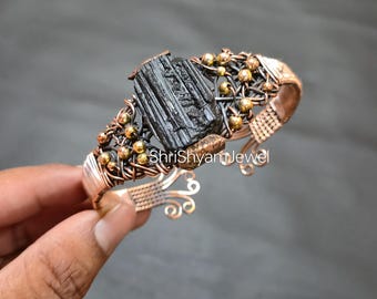 Black Tourmaline Copper Bangle Wire Wrapped Adjustable Cuff Bracelet