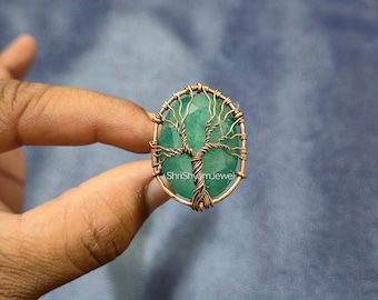 Emerald Tree of Life Ring, Wire Wrapped Copper Jewelry, Adjustable Band
