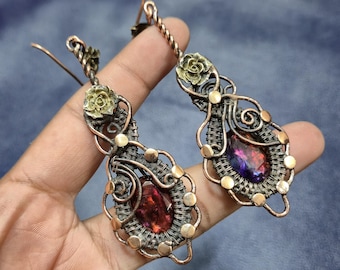 Pendientes de alambre de cobre con ammolita hechos a mano, joyería con piedras preciosas