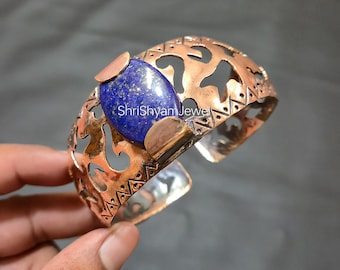 Handmade Lapis Lazuli Bangle, Adjustable Copper Cuff Bracelet, Genuine Gemstone ,Gift For Him