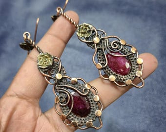 Handmade Faceted Red Ruby Copper Wire Wrapped Earrings