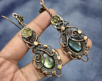 Handmade Copper Wire Wrapped Labradorite Earrings, Gemstone Jewelry