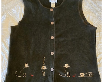 Christopher & Banks Vest Womens Med Green Kitty Cat Embroidered Button Fleece