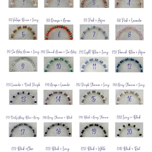 May include: A collection of twenty-four beaded bracelets arranged in a grid, each featuring a unique color combination of faceted beads. The bracelets are numbered one through twenty-four, with text labels above each indicating the specific color scheme.