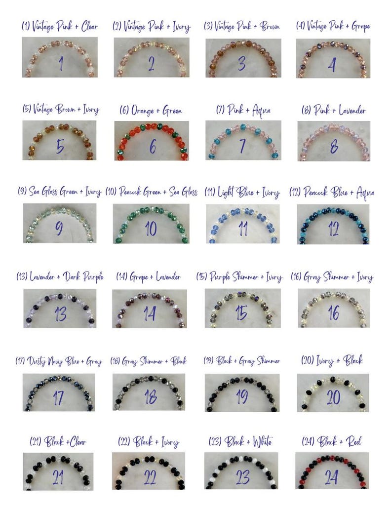 May include: A collection of twenty-four beaded bracelets arranged in a grid, each featuring a unique color combination of faceted beads. The bracelets are numbered one through twenty-four, with text labels above each indicating the specific color scheme.
