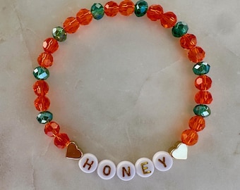 Honey Showgirl Bracelet: Crystal Glass Beads, 14K Gold Hearts