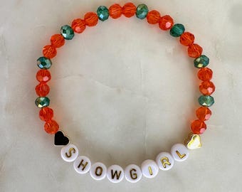 Life of a Showgirl Inspired Bracelet: Glass Crystal Beads and 14K Gold-Plated Heart Accent Beads- Customizable Color