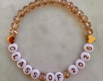 Class of 2026 Bracelet: Crystal Glass Beads, Gold-Plated Accents, Custom Color Graduation Gift