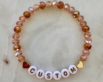 Personalized Custom Text Bracelet: Customize Your Phrase - 65 Color Patterns to Choose From - Glass Crystal Beads and 14k Gold-Plated Accent
