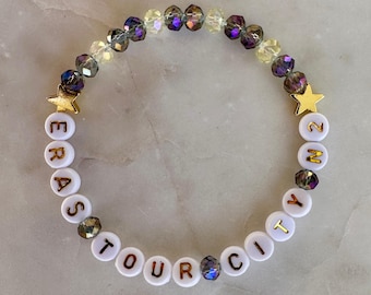 Eras Tour Custom City and Night Number Friendship Bracelet: Customizable Glass Crystal Beads and 14K Gold-Plated Accent Stars, Custom Colors