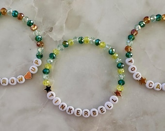 Peter Pan Inspired Bracelet: Glass Crystal Beads and 14K Gold-Plated Accents, Custom Colors, Personalize, Tinkerbell