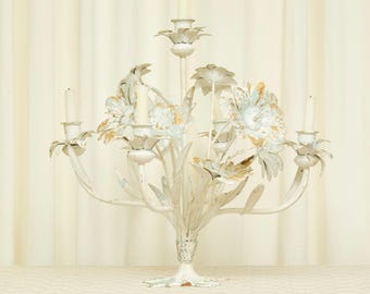 Vintage Chippy Tole Floral 5 Arm Candelabra