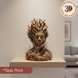 以下が含まれることがあります： 木のような特徴を持つ女性の顔の精巧な彫刻。髪の毛には枝が使われ、質感のある土のような外観です。明るい色の棚に飾られています。「*Test Print」の文字が下部に表示されています。