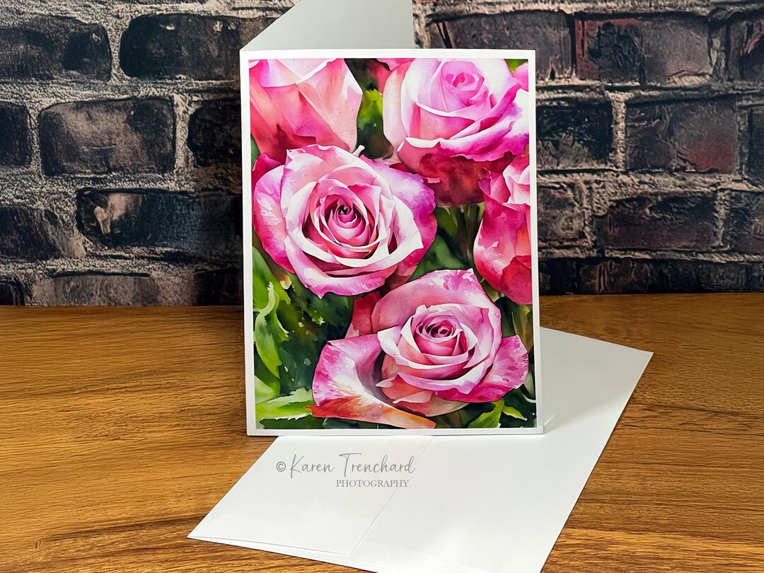 Pink Roses Bouquet Note Card, Botanical Photo Print - Etsy
