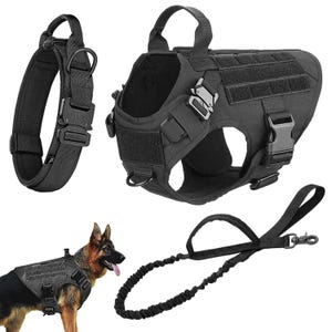 May include: Black tactical dog harness, collar, and lead set. The harness has adjustable straps, hook-and-loop panels, and a handle. The collar has a quick-release buckle. The lead is black and elastic.