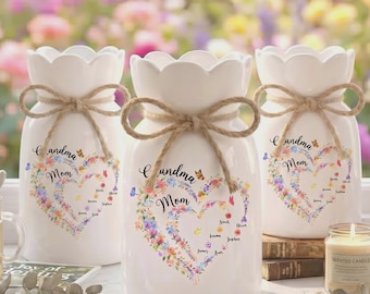 Personalisierte Mama Oma Herz Blumenvase, Familie Geburt Blumenvase, Mama und Nana Generationen Geschenk, Muttertagsgeschenk Vase mit Kinder Namen