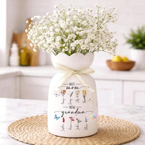 Custom First Mom Now Grandma Vase, Personalized Birth Month Flower Ceramic Jug, Mothers Day Gift For Nana, Grandma Garden Pitcher Decor