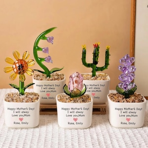 Op de afbeelding: Vijf glazen bloemensculpturen in kleine witte potten. De bloemen zijn onder meer een zonnebloem, een lelie, een cactus, een roos en lavendel. Elke pot heeft de tekst "Happy Mother's Day! I will always love you, Mom" en een naam.