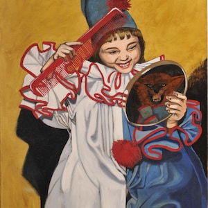 May include: A young person dressed as a clown is holding a red comb and looking into a round mirror. The reflection in the mirror shows a snarling wolf's head.