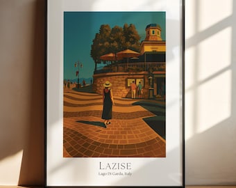 Impresión de vista al lago Lazie / Mujer en el paseo marítimo sobre pavimento ondulado / Póster de arte de viaje a Italia