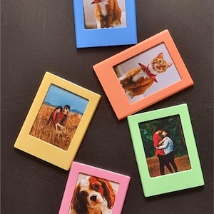 May include: A collection of small, colorful picture frames. Each frame holds a different photo, including a cat, a couple, and a dog. The frames are in various colors: blue, orange, yellow, green, and pink.