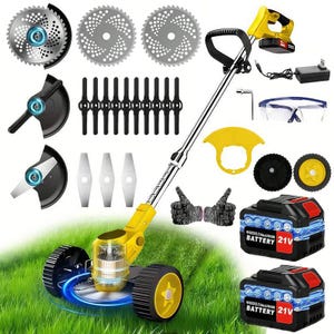 May include: A yellow and black cordless lawn mower with multiple blades, batteries, and accessories. The mower has two wheels and is designed for cutting grass. Additional blades and safety glasses are included.