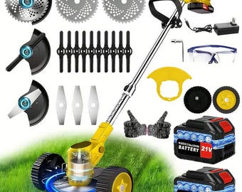 Desbrozadora inalámbrica 3 en 1 de 21 V: eléctrica con ruedas, plegable y 4 tipos de cuchillas.