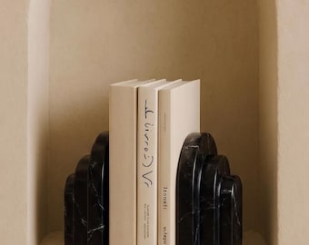 Sujetalibros de arco de mármol negro, juego de decoración moderna para estantes de piedra.