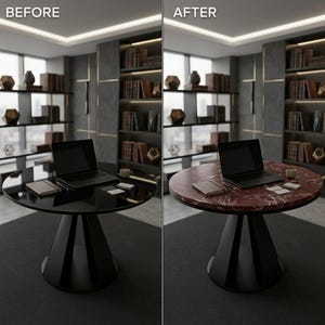 May include: A before-and-after image of a round table. The "before" table is black with a laptop, notebook, and business cards. The "after" table has a red marble top with the same items. The room has bookshelves and a window.