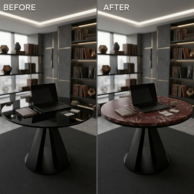 May include: A before-and-after image of a round table. The "before" table is black with a laptop, notebook, and business cards. The "after" table has a red marble top with the same items. The room has bookshelves and a window.