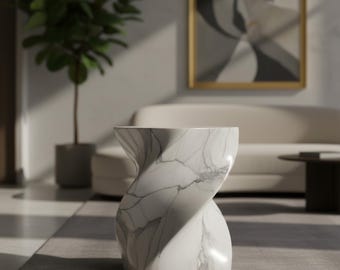 Mesa auxiliar escultórica de mármol con forma de espiral, moderna, con pedestal, ideal como mesita de noche o para la sala de estar.