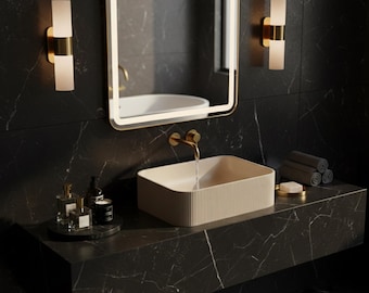 Lavabo de travertino rectangular con encimera acanalada, tocador de baño moderno