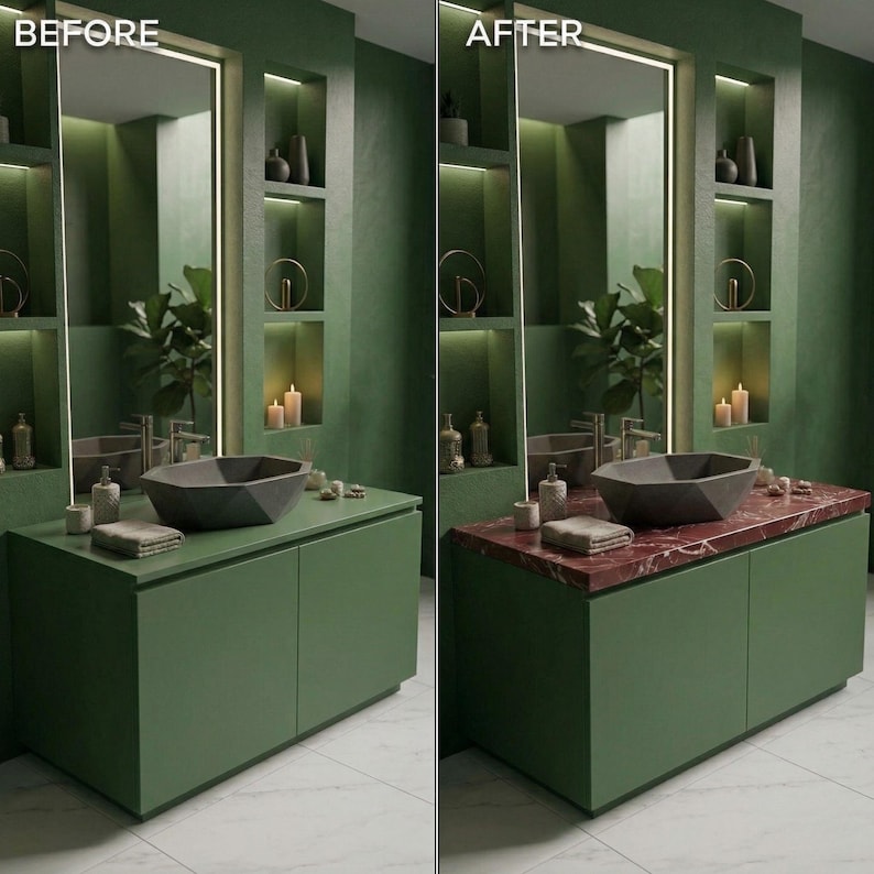 May include: A before-and-after image of a bathroom vanity. The 'before' image shows a green vanity with a gray sink, while the 'after' image features a red marble countertop. The room has green walls, a large mirror, and decorative shelves.