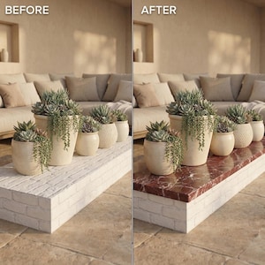 May include: A before-and-after image of a low, rectangular coffee table. The "before" version has a white brick surface, while the "after" version features a red marble top. Several cream-colored ceramic pots with succulents and trailing plants are arranged on the table.
