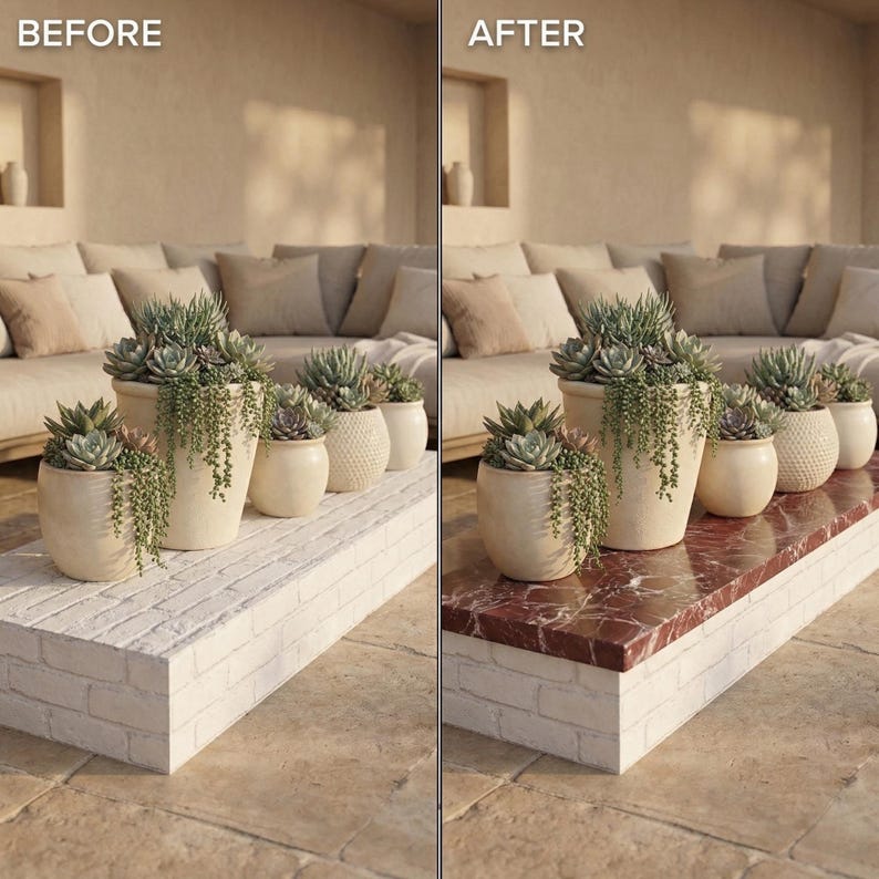 May include: A before-and-after image of a low, rectangular coffee table. The "before" version has a white brick surface, while the "after" version features a red marble top. Several cream-colored ceramic pots with succulents and trailing plants are arranged on the table.
