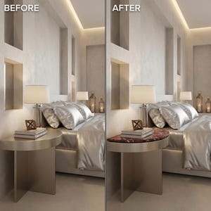 May include: A before-and-after image of a bedroom. The 'before' image shows a silver side table with books and a lamp. The 'after' image shows the same table with a red marble top and books. The bed has silver bedding.